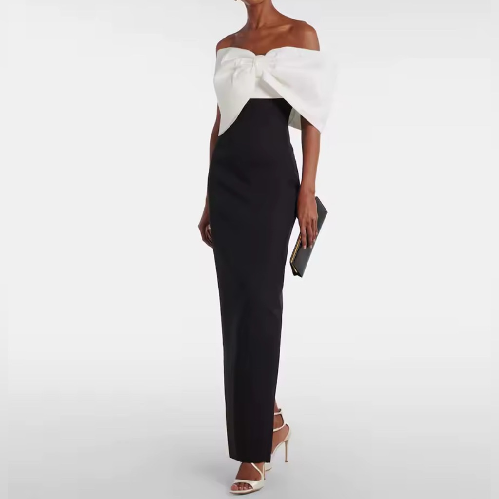 New $568 Anne Of London Elegant Bow Black And White Off-Shoulder Dress